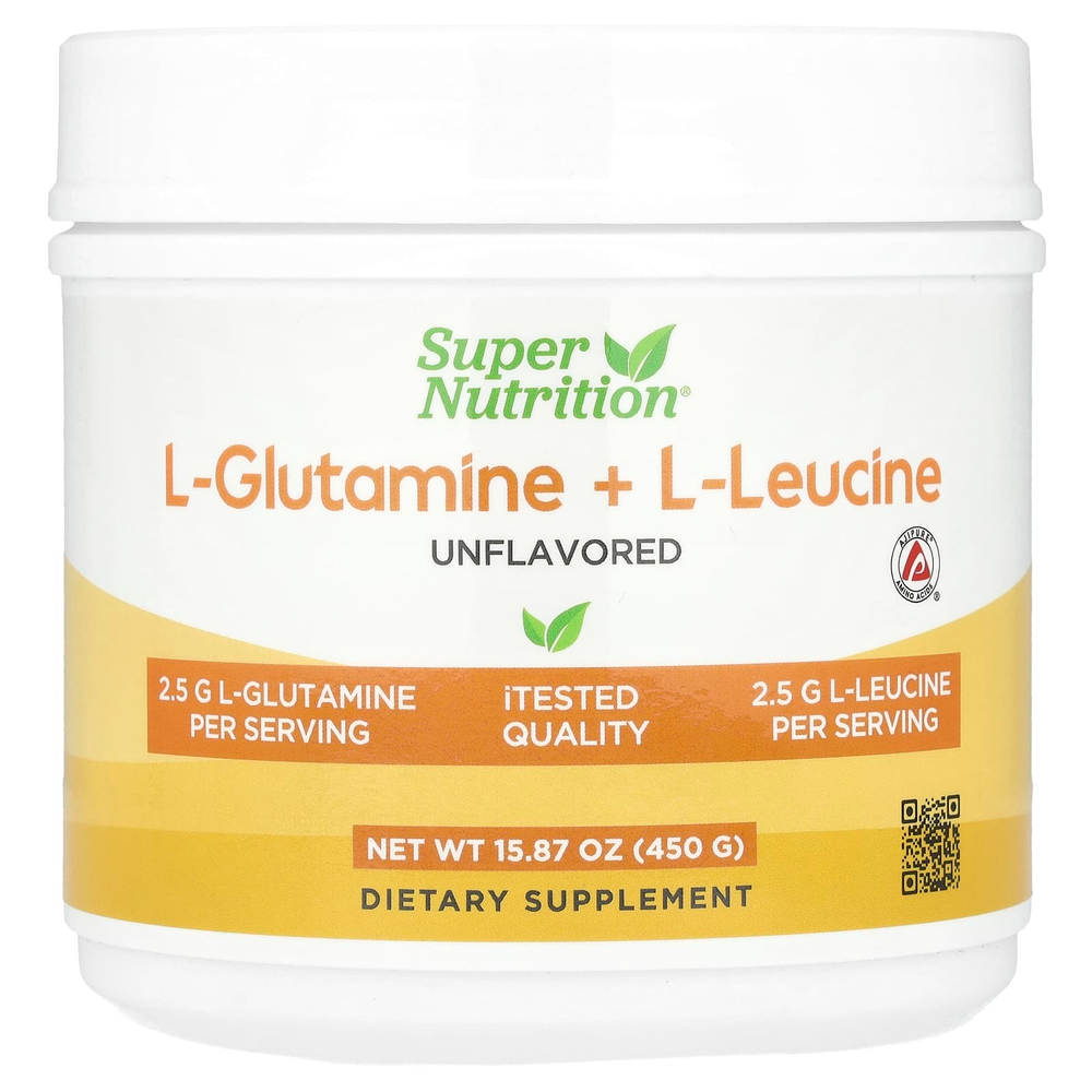 Super Nutrition, L-глютамин и L-лейцин, без вкусовых добавок, 450 г (15,87 унции)