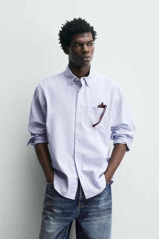 ZARA РУБАШКА С ФАКТУРНОЙ ОТДЕЛКОЙ, БЕЛЫЙ/НЕБЕСНО-ГОЛУБОЙ