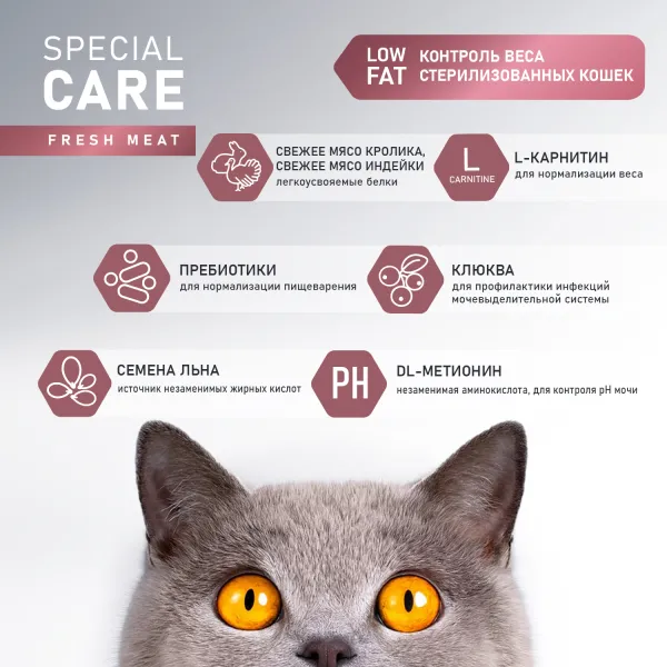 Сухой корм AWARD Special Care Weight Control для взрослых стерилизованных кошек для контроля веса со свежим мясом кролика