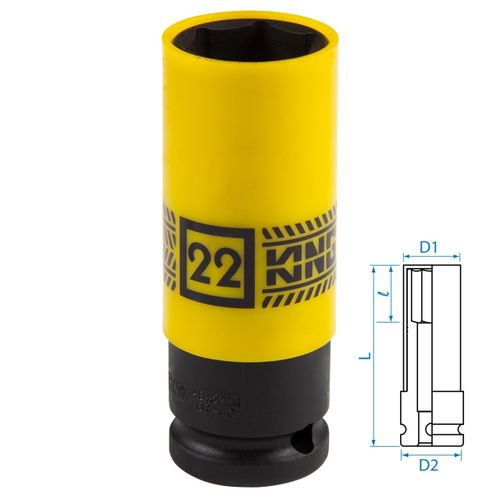 KING TONY (494522M) Головка торцевая ударная глубокая 1/2", 22 мм, тонкостенная, пластиковая защита