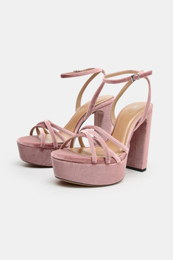 ZARA БАРХАТНЫЕ БОСОНОЖКИ НА ПЛАТФОРМЕ, РОЗОВЫЙ
