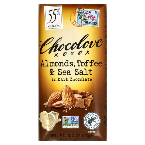 Chocolove, черный шоколад с миндалем, тоффи и морской солью, 55% какао, 90 г (3,2 унции)