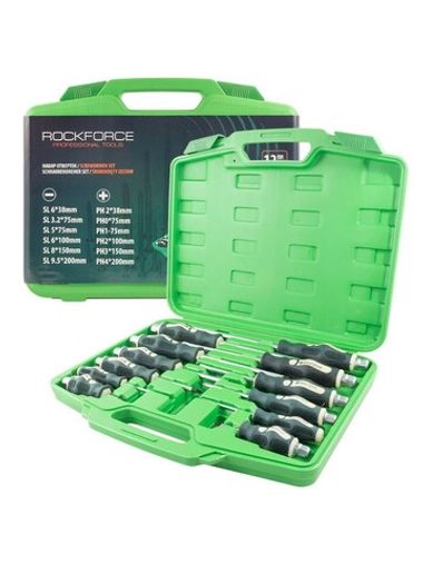 Набор отверток силовых магнитных12пр. (SL: 6.5х38,3х75,5.5х75,6.5х100,8.0х150,10х200мм PH: 2х38,0х75, 1х75, 2х100, 3х150, 4х200мм), в кейсе RockForce##Rock FORCE RF-21310
