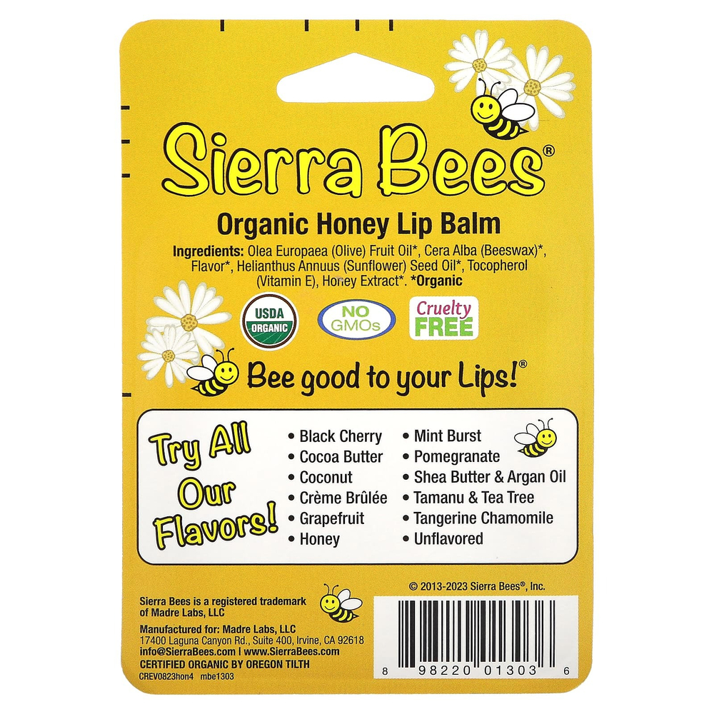 Sierra Bees, Органические бальзамы для губ, мед, 4 штуки в упаковке весом 0,15 унции (4,25 г) каждая
