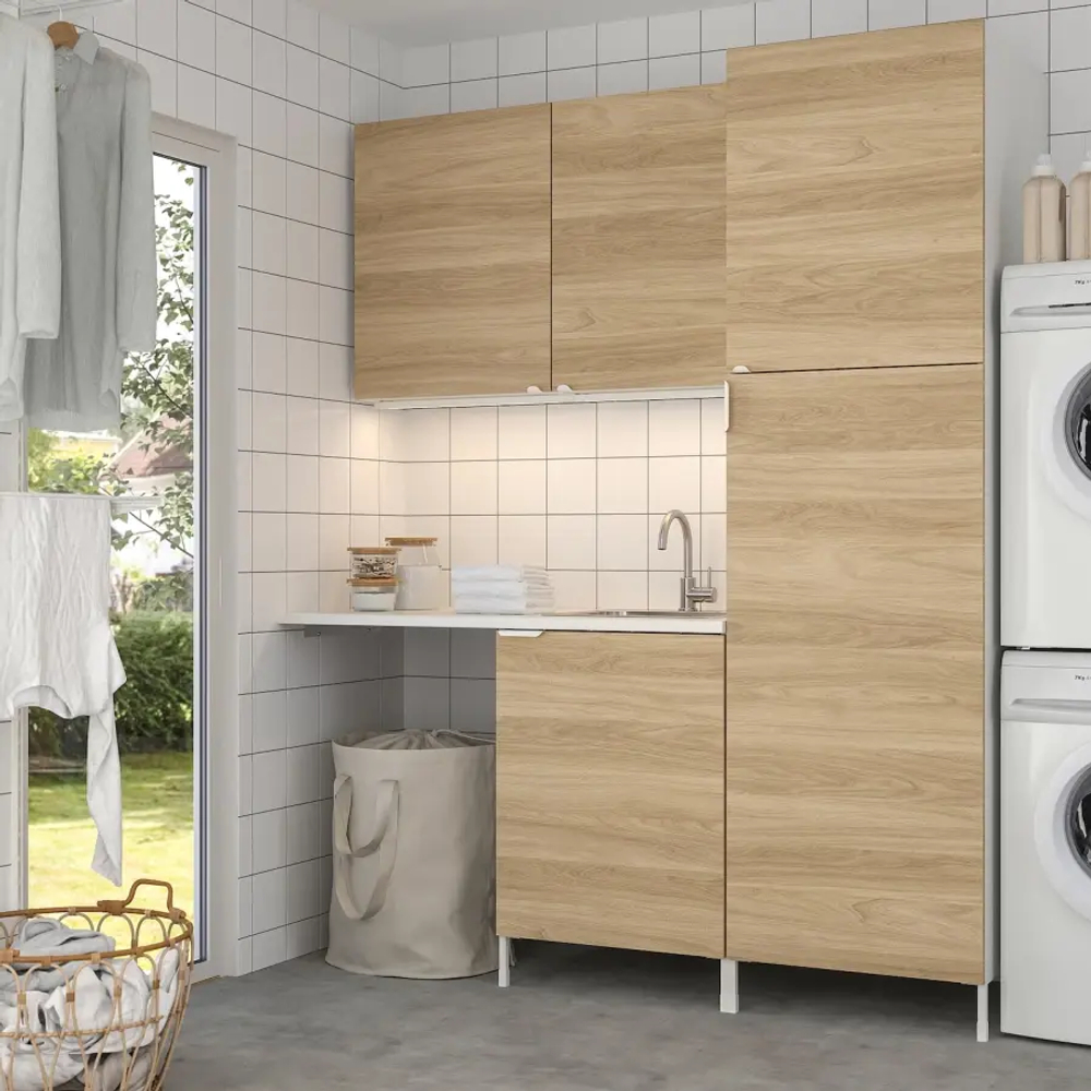 Комбинация для ванной - IKEA ENHET,  183x63.5x222.5 см, белый/имитация дуба, ЭНХЕТ ИКЕА