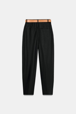 ZARA БРЮКИ ИЗ ЛЬНА С ЗАЩИПАМИ И РЕМНЕМ, ЧЕРНЫЙ