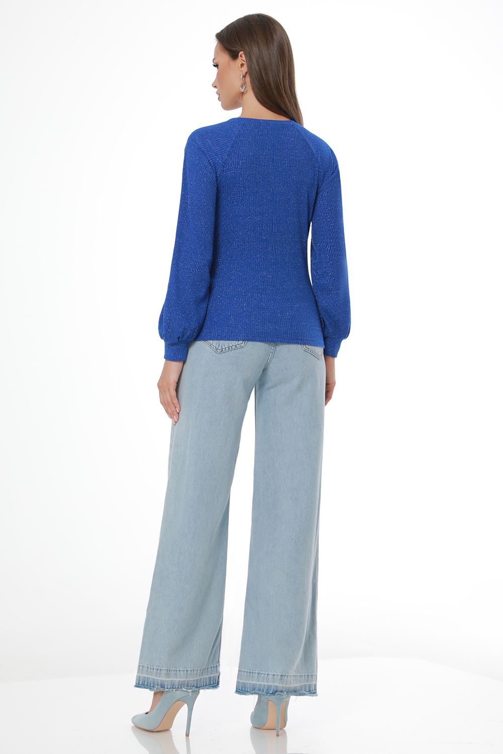 Джемпер васильковый в рубчик с пышными рукавами DStrend (Акция)