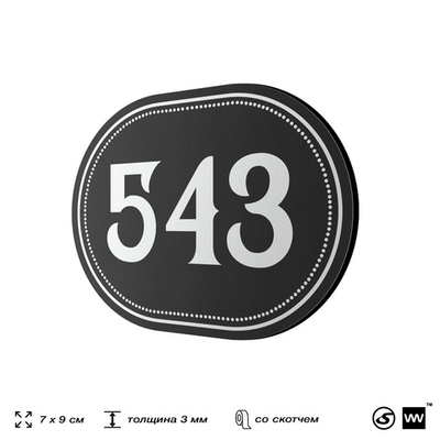 Номерок на дверь квартиры 543, для кабинета, офиса, шильдик 9 х 7 см, черный, Айдентика Технолоджи