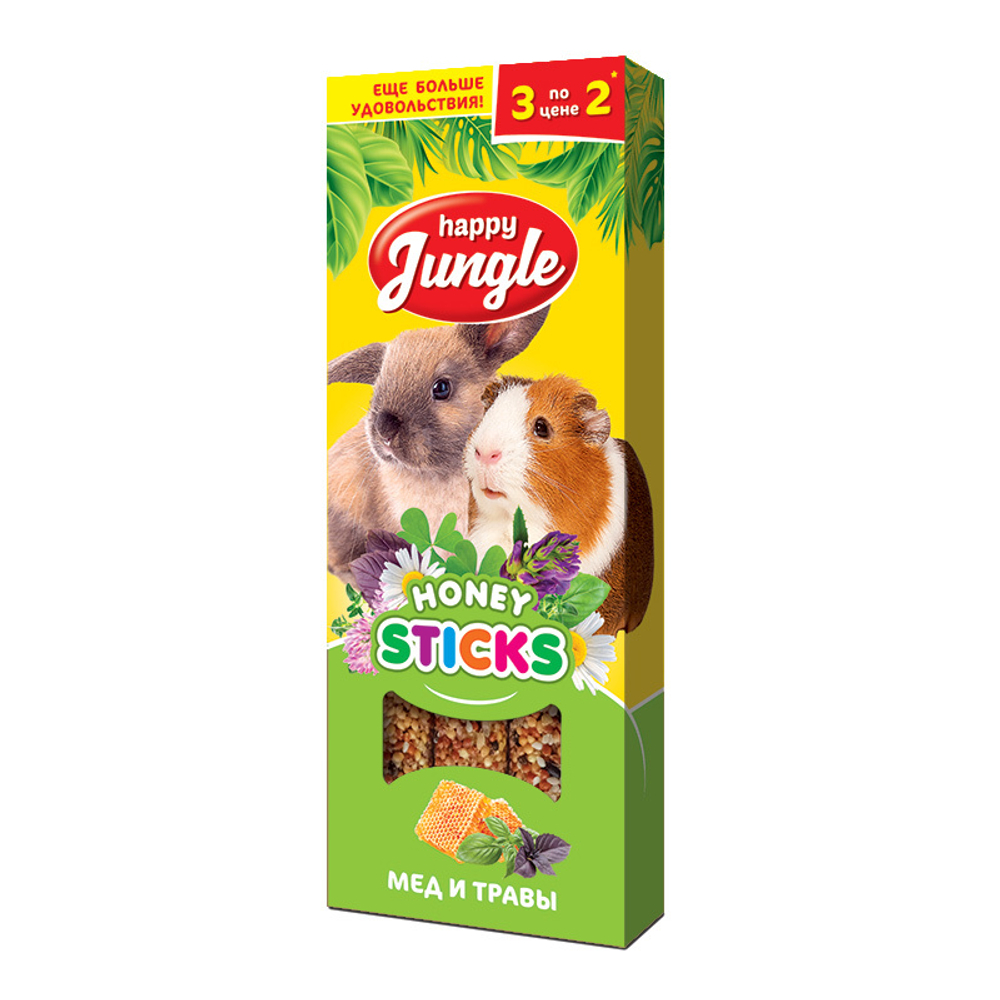 HAPPY JUNGLE Палочки для крупных грызунов Мед и травы (3 шт), 90 г