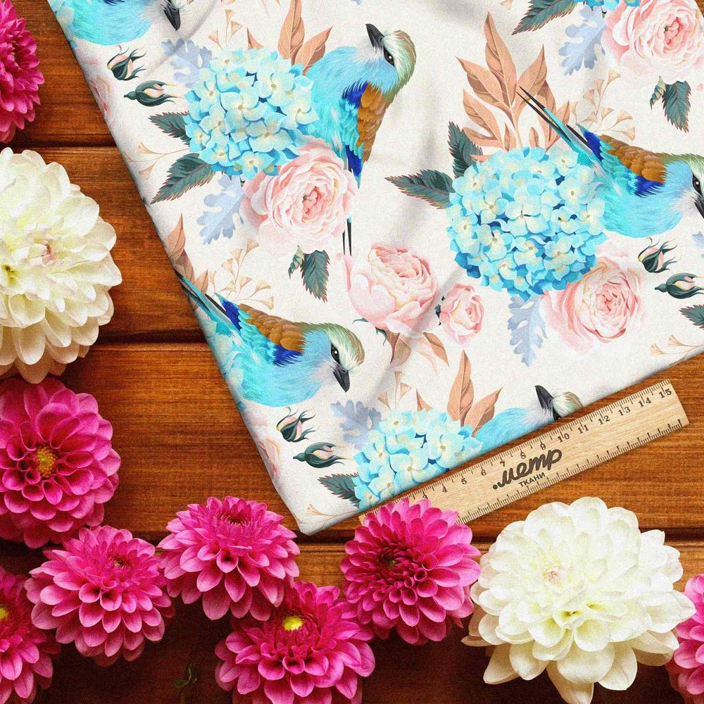 Ткань барби голубые соцветия и птицы