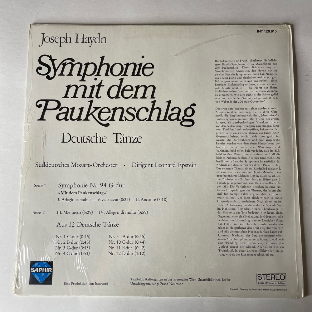 Винтажная виниловая пластинка LP Joseph Haydn Йозеф Гайдн, Suddeutsches Mozart Orchester Симфония 94 (Германия 1977) (Запечатана)
