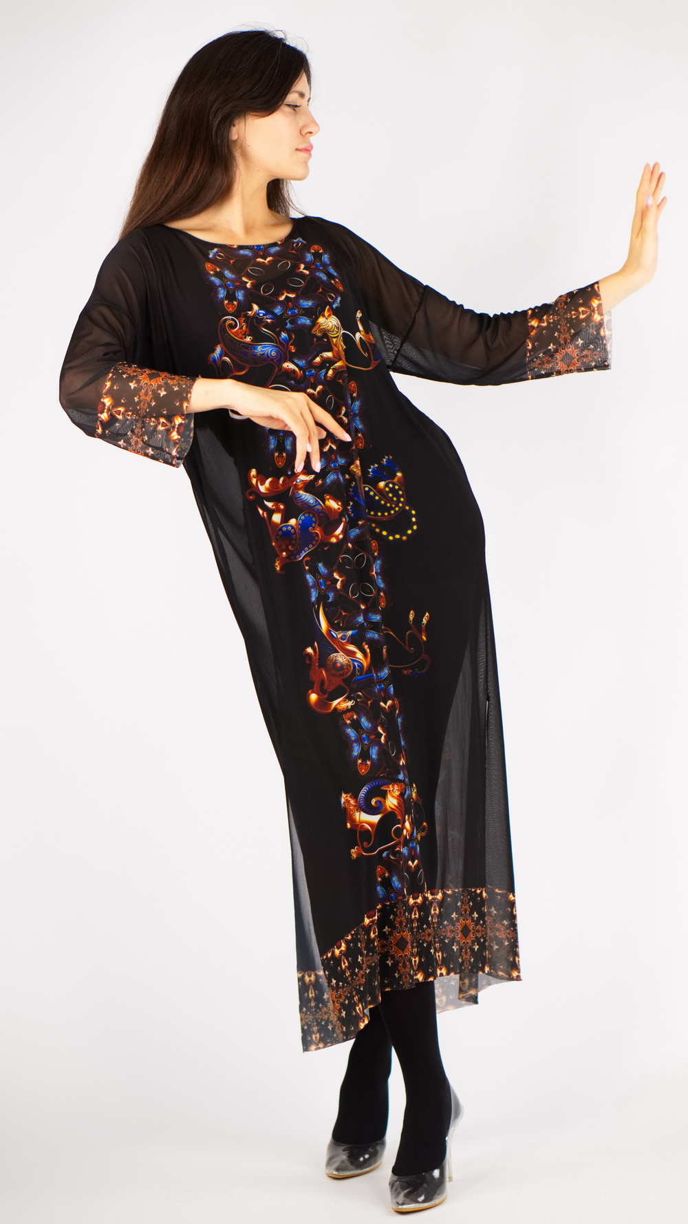 Платье-туника из сетки "Загадки скифов", принт по мотивам скифских татуировок, по материалам раскопок Пазырыкских курганов