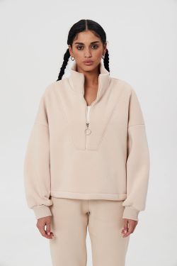 Утепленная олимпийка на молнии из премиум футера цвета беж
