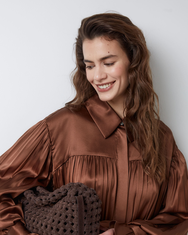 Платье-рубашка макси из шелка Берберри шоколадный