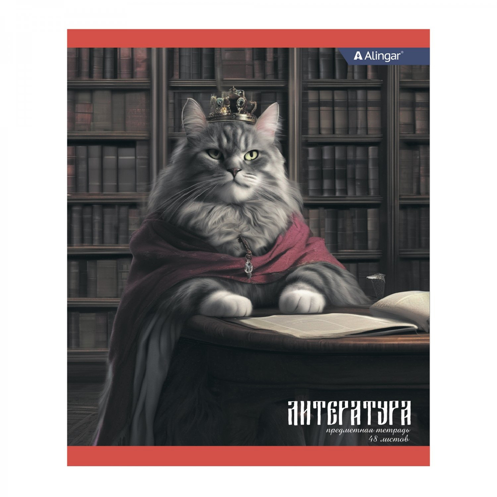 Тетрадь предметная "Литература" А5 48л., линия, со справ материалом,скрепка, мелованный картон(стандарт), блок офсет, Alingar "Коронованные коты"