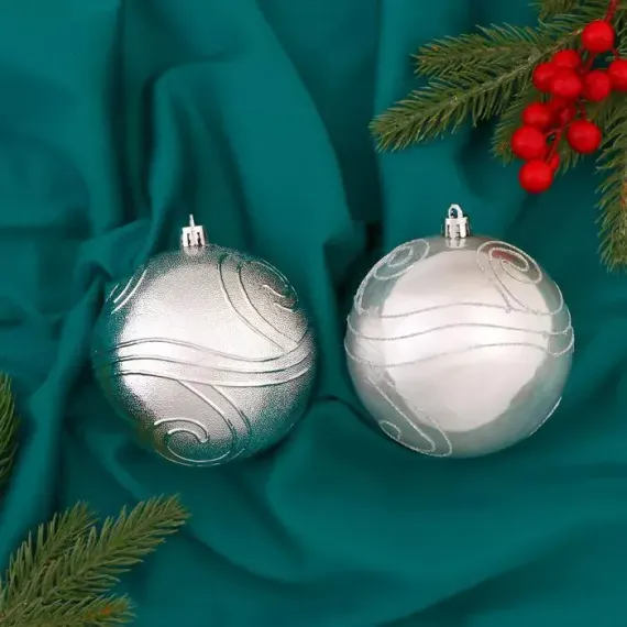 Набор шаров пластик Серебристые линии 10 см., 2 шт., серебро, Зимнее Волшебство (1307067)