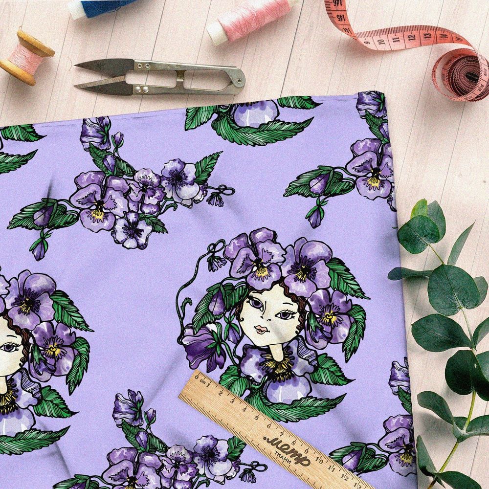 Ткань оксфорд 210 девушка с венком фиолетовых цветов