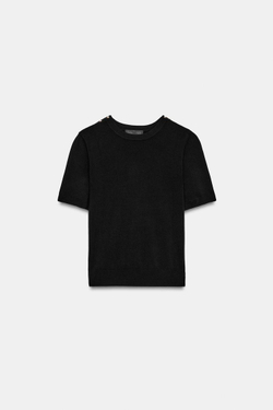 ZARA БАЗОВЫЙ ТРИКОТАЖНЫЙ СВИТЕР С КОРОТКИМИ РУКАВАМИ, ЧЕРНЫЙ
