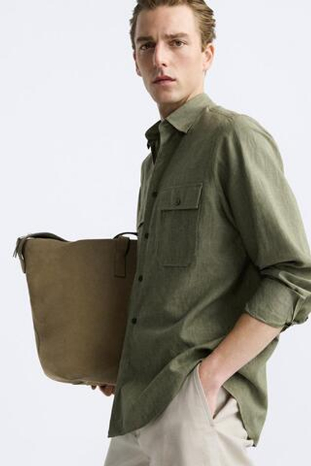 ZARA РУБАШКА ИЗ ХЛОПКА И ЛЬНА, ЗЕЛЕНЫЙ