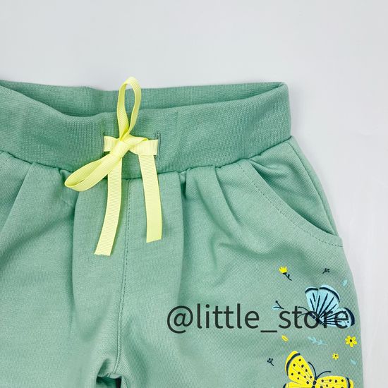 Брюки "Бабочки в саду" из футера, пыльная мята