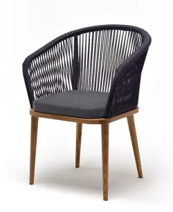 "Марсель" стул плетеный из роупа, основание дуб, роуп темно-серый круглый, ткань темно-серая 027