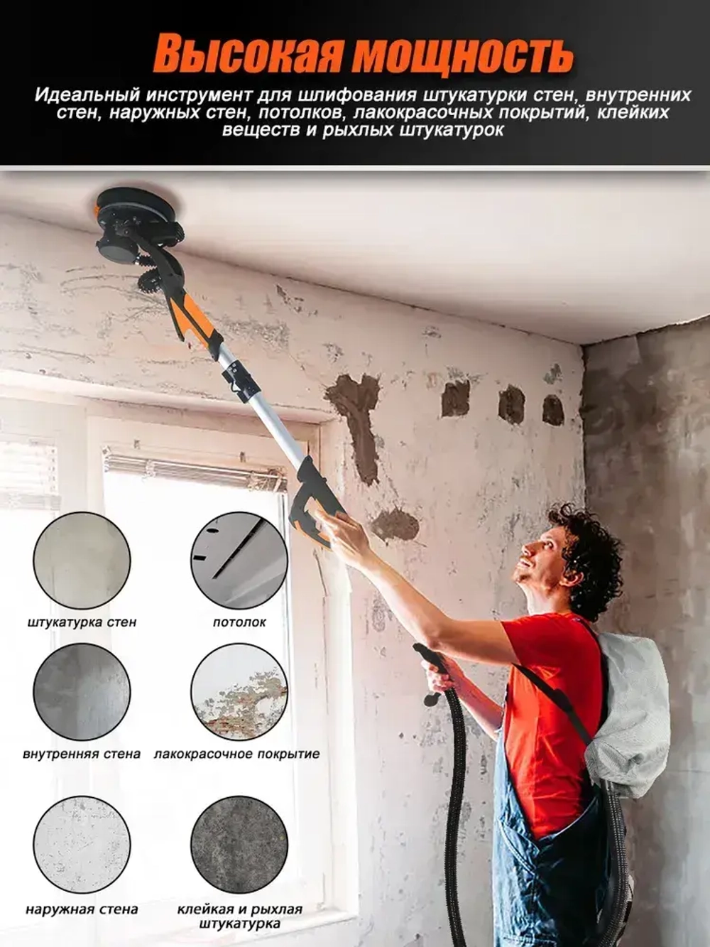 Шлифовальная машина для стен и потолков Luxotron с пылесборником, уникальном креплением для шлифовки потолка, LED подсветкой и регулируемой скоростью, сертификатом EAC