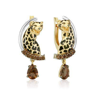 Серьги «Леопарды» с английским замком из комбинированного золота с кварцем дымчатым и эмалью