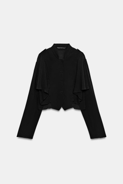 ZARA УКОРОЧЕННАЯ РУБАШКА С ВОЛАНАМИ — ZW COLLECTION, ЧЕРНЫЙ