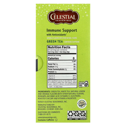 Celestial Seasonings, зеленый чай, поддержка иммунитета с антиоксидантами, 20 чайных пакетиков, 41 г (1,4 унции)