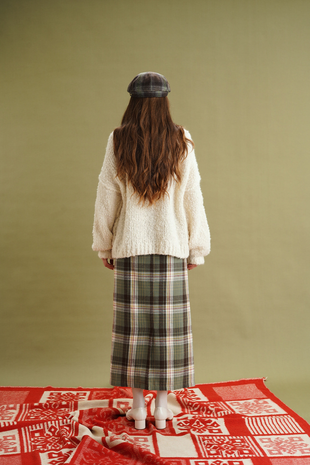 Юбка длинная прямая, пыльно-зеленая клетка