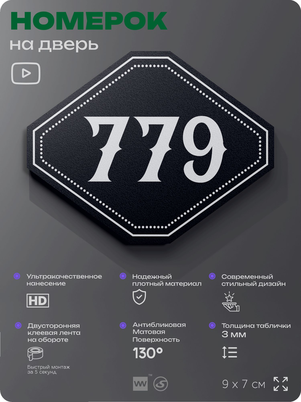 Номерок на дверь квартиры 779, для кабинета, офиса, шильдик 9 х 7 см, черный, Айдентика Технолоджи
