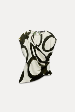 ZARA ТОП С ПРИНТОМ, ЗЕЛЕНЫЙ/ЭКРЮ