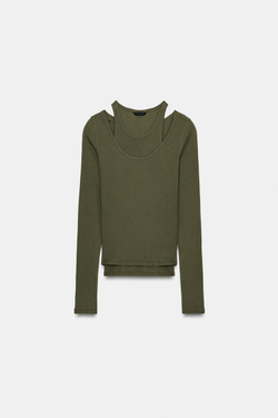 ZARA ДВОЙНАЯ ФУТБОЛКА В РУБЧИК, ХАКИ