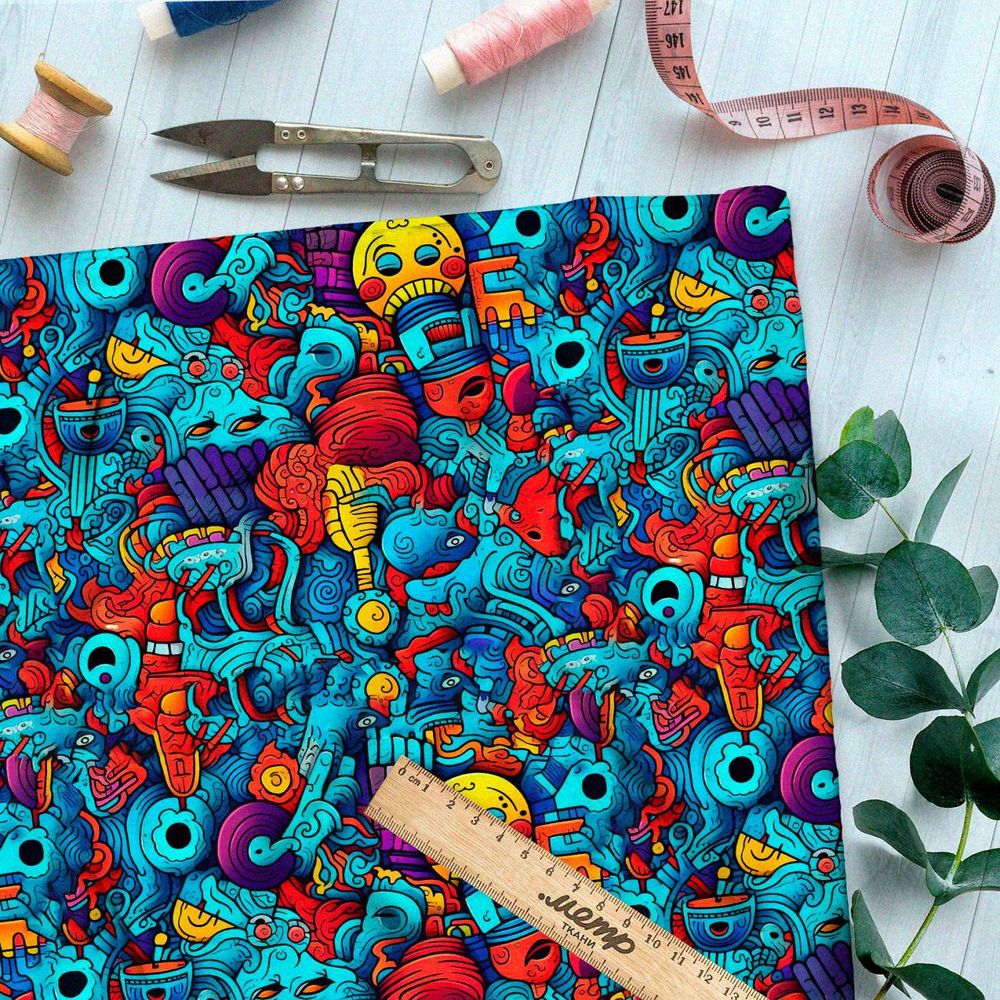 Ткань премиум шифон мультяшный хаос