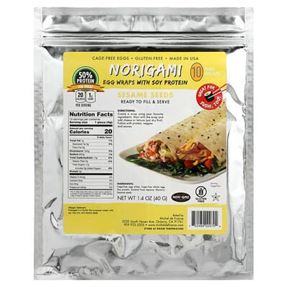 Norigami, Яичные обертки с соевым протеином, семена кунжута, 10 тонких оберток, 40 г (1,4 унции)