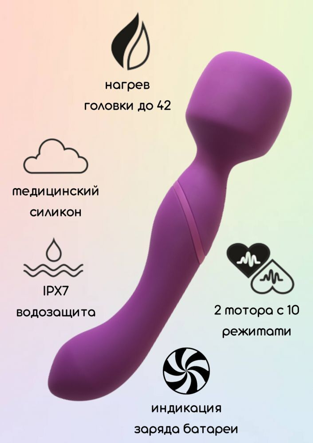 Фиолетовый двусторонний вибромассажер Heating Wand с нагревом - 22 см.