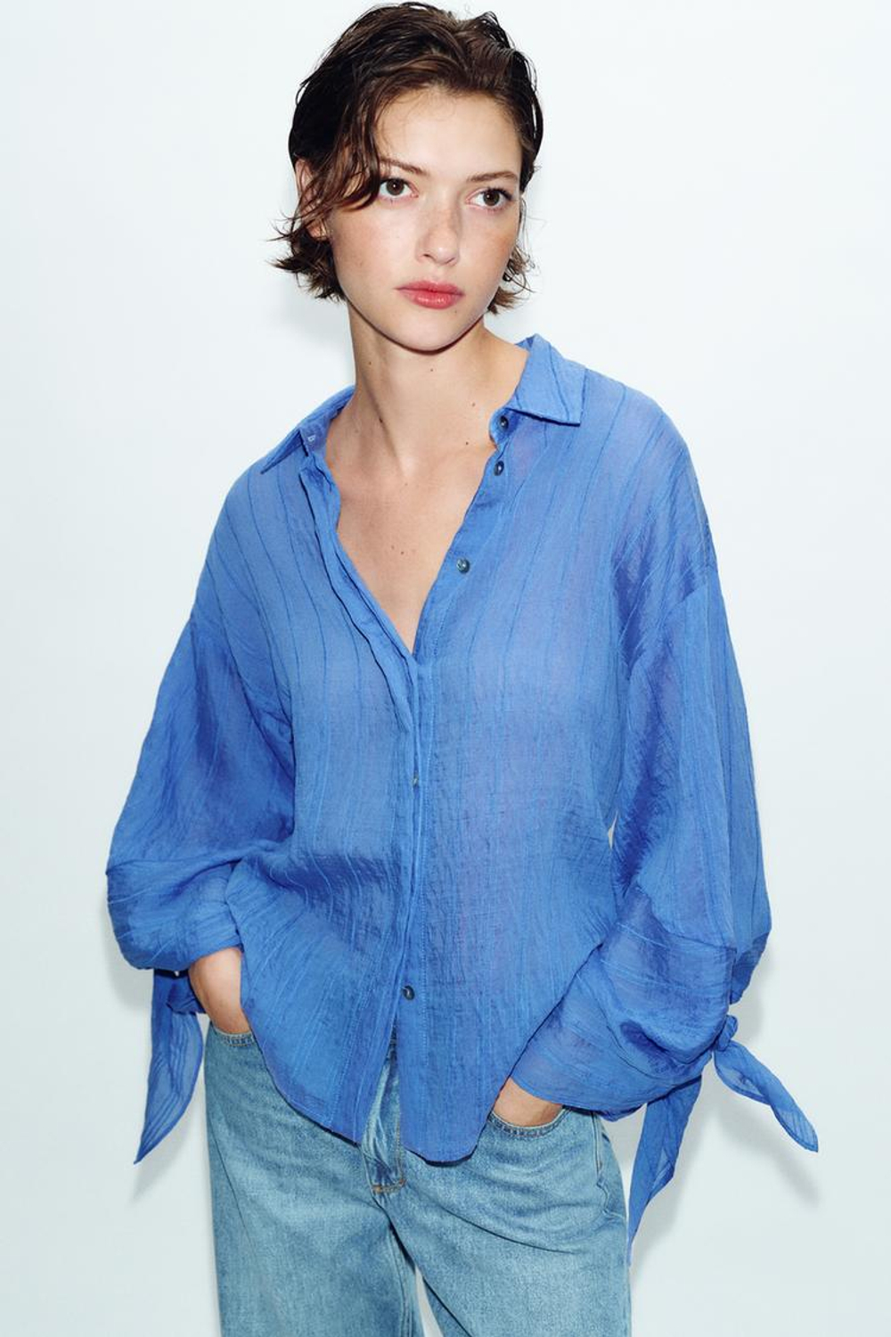 ZARA РУБАШКА В ПОЛОСКУ С БАНТАМИ, СИНИЙ