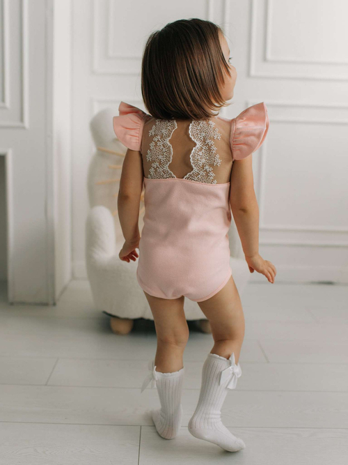 Боди c кружевной спинкой с коротким рукавом, Розовый