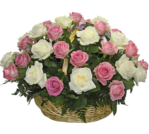 Траурная корзина из живых цветов «32 розовые и белые розы»
