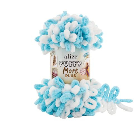 Пуффи Море ПЛЮС (Puffy More plus) пряжа Alize 100%микрополиэстер 2х250г/11м (8001 белый/бирюзовый)