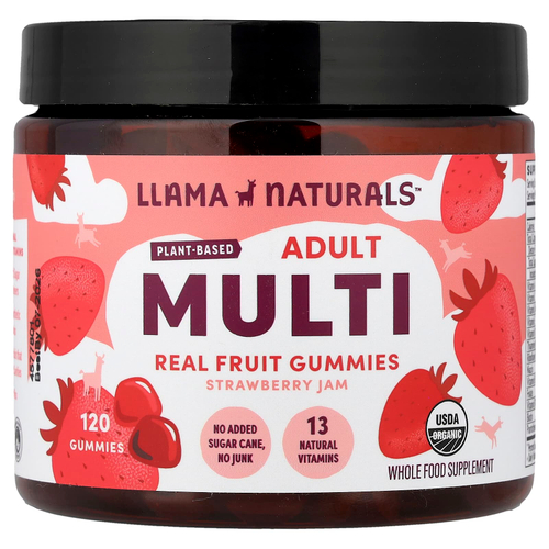 Llama Naturals, растительные мультивитамины для взрослых, натуральные фрукты в жевательных таблетках, клубничный джем, 120 жевательных таблеток
