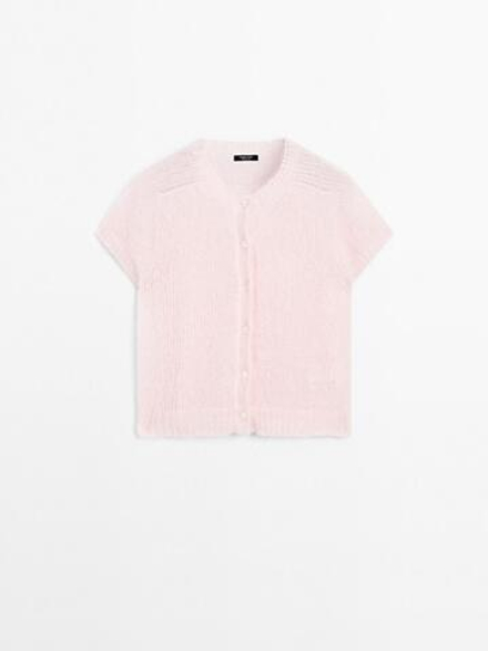 Massimo Dutti Кардиган из смесовой альпаки с короткими рукавами, розовый