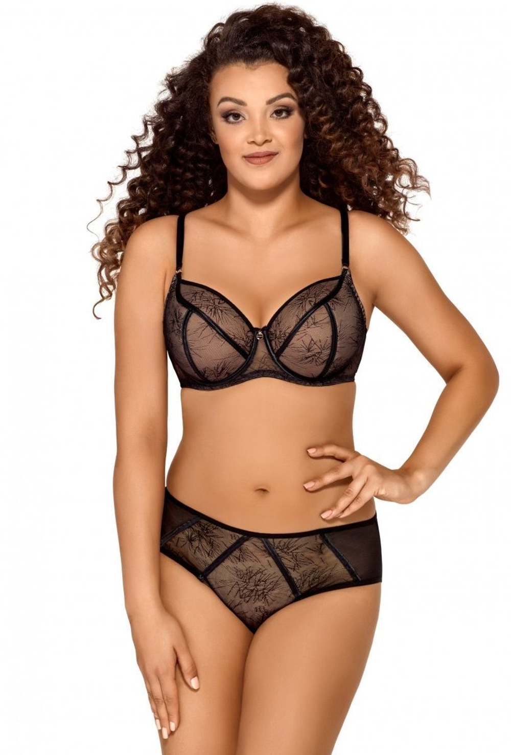 Бюстгальтер с плотными, покрытыми сеткой чашками с геометрическим рисунком (Размер: 100D) (Цвет: черный)