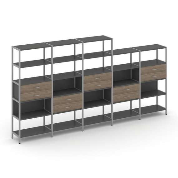Shelf System Пятисекционный стеллаж пятиярусный с ящиками SN.STM-551 Антрацит/Вяз Благородный/Металл