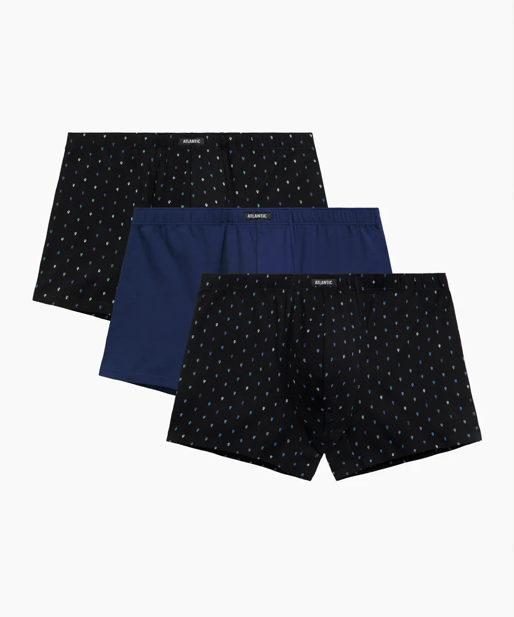 Мужские трусы шорты Atlantic, набор из 3 шт., хлопок, черные + темно-голубые + черные, 3MH-220