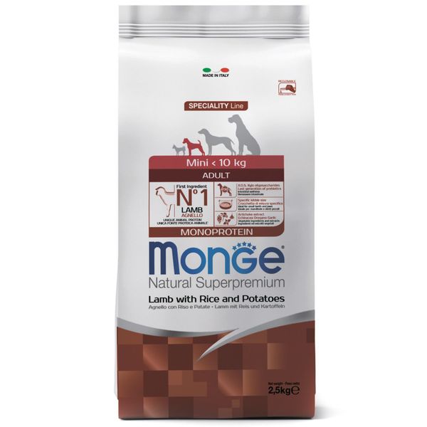 Сухой корм Monge Dog Speciality Line Monoprotein Mini для взрослых собак мелких пород, из ягненка с рисом и картофелем