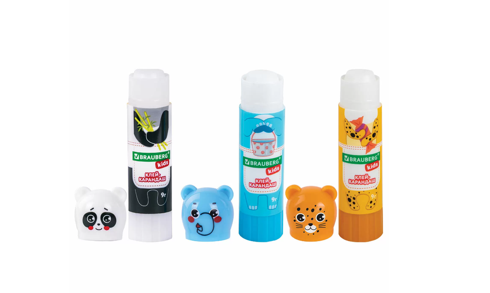 Клей-карандаш BRAUBERG KIDS, Зверята: панда, слон, леопард 272473, 9 г, 3 штуки