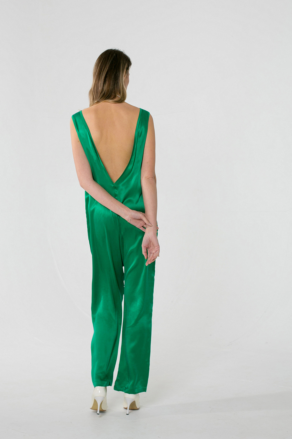 Silk jumpsuit with deep back neckline