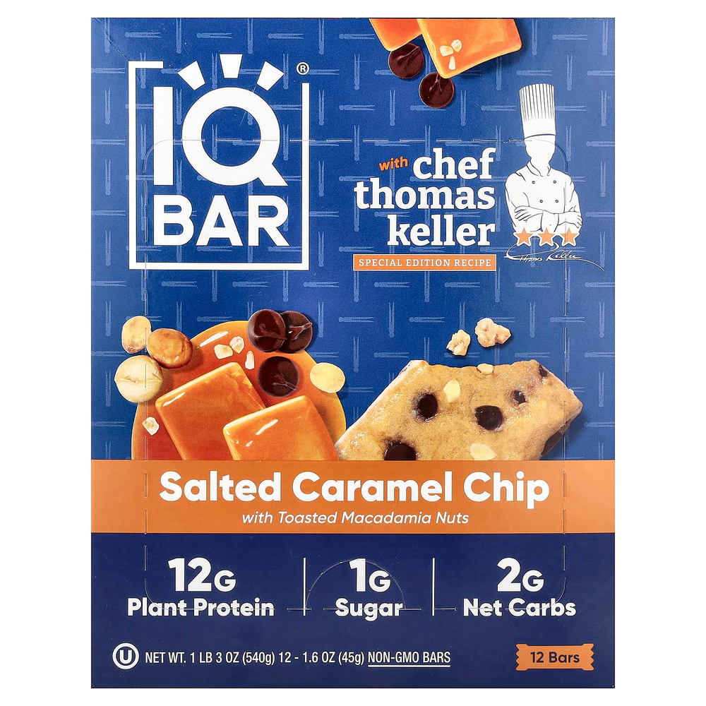 IQBAR, растительный протеиновый батончик, кусочки соленой карамели с обжаренными орехами макадамия, 12 батончиков по 45 г (1,6 унции)