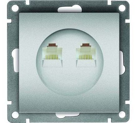 Розетка компьютерная двухместная "UNIVersal" серия "Афина" с/у, 1А, RJ45, серебро (еврослот) (HU2311